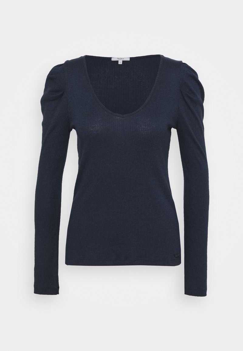 Granatowy top z długim rękawem o prążkowanej fakturze, dekoltem w serek i bufkami na ramionach. Na dole znajduje się małe logo.