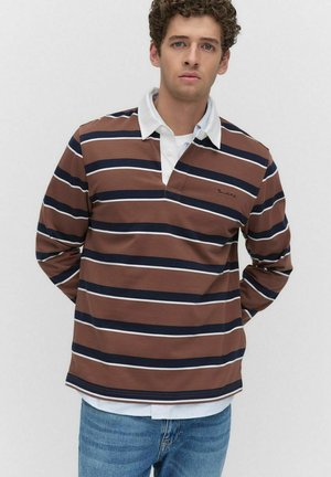 Brown and navy striped long-sleeve polo shirt with a white collar; features a partial button placket and embroidered logo.