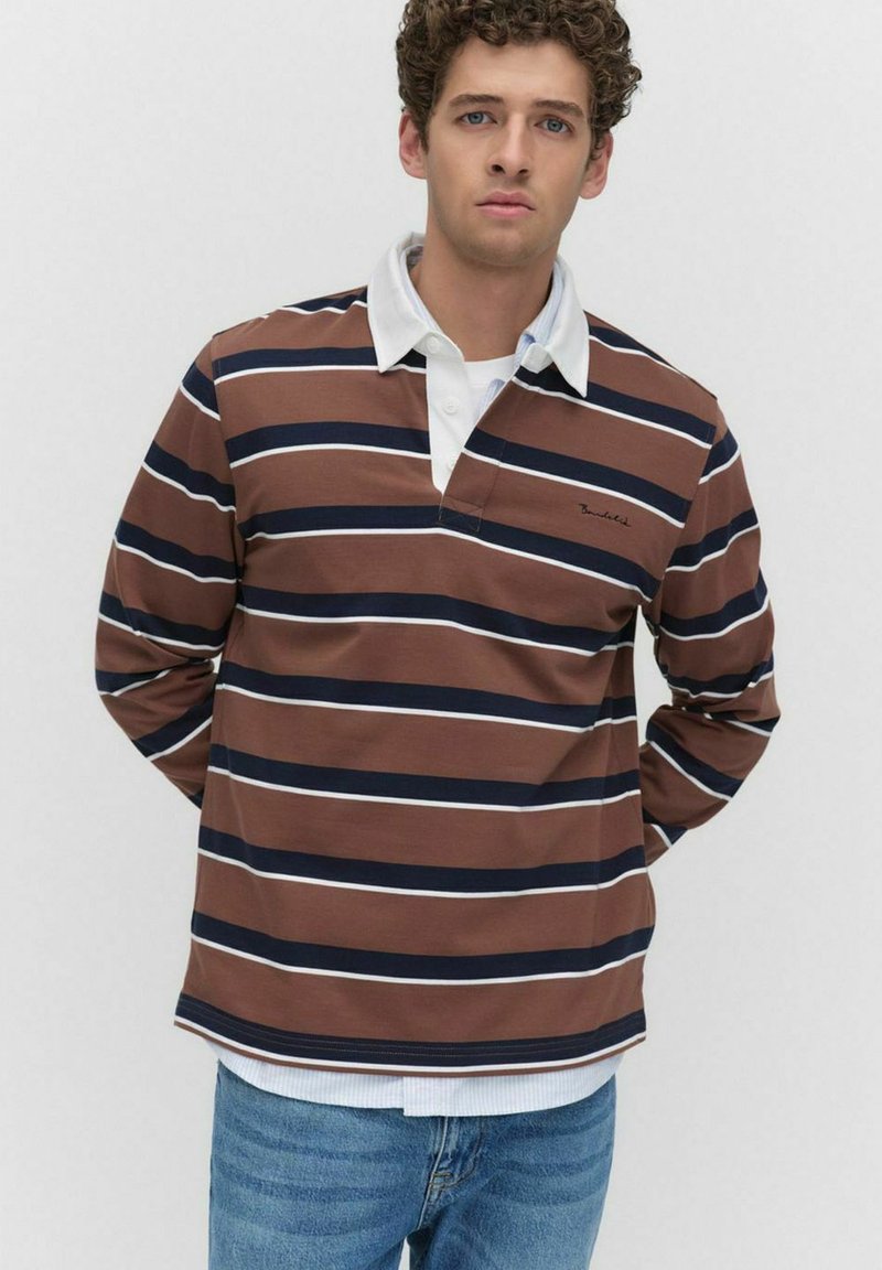 Brown and navy striped long-sleeve polo shirt with a white collar; features a partial button placket and embroidered logo.