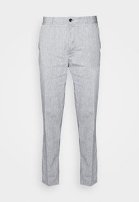 Light grey slim-fit trousers with a button and zipper front closure and side pockets, displayed on a plain white background.