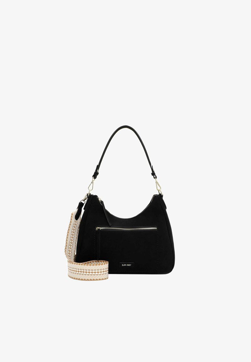 Borsa a tracolla nera con tasca frontale con cerniera, manico corto e tracolla staccabile a righe beige e bianche.