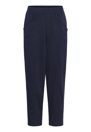 Tumedate joggers, mis on valmistatud pehmest kangast, millel on elastne vöökoht, küljetaskud ja kitsenev jala disain. Sile tekstuur, lihtne stiil.