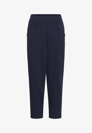 Pantaloni jogger blu navy realizzati in tessuto morbido, con vita elastica, tasche laterali e un design a gamba affusolata. Texture liscia, stile casual.