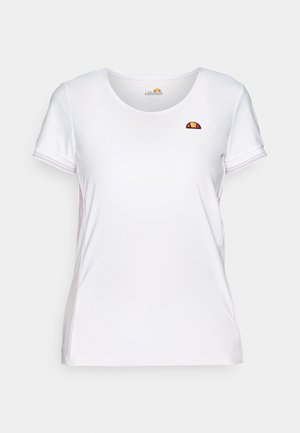 Balta trumpa rankovė t-shirt yra pagaminta iš lengvos medžiagos, turi apvalų kaklą ir mažą siuvinėtą logotipą su raudonais ir geltonais akcentais.