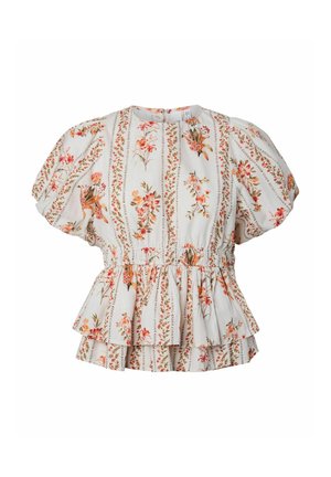 Hvid kortærmet bluse med puffede ærmer, orange blomstrede striber, samlet talje og lagdelt peplumkant.
