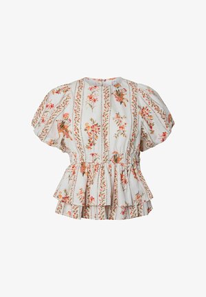 Blusa blanca de manga corta con mangas abullonadas, rayas florales naranjas, cintura fruncida y bajo con volante en capas.