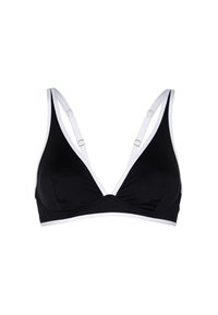 Bralette triangolare nera con rifiniture bianche, dotato di spalline regolabili e design a V, realizzato in un tessuto liscio ed elastico.