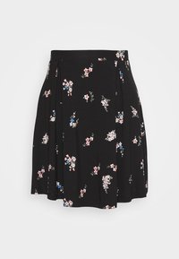 Zwarte rok met een bloemenprint in roze, wit en blauw. Gemaakt van zachte stof, met plooien voor extra flow en beweging.