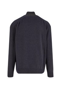 Pullover blu scuro con colletto e polsini a coste, caratterizzato da un motivo a maglia testurizzato e spalle scese, che offre una vestibilità comoda.