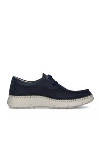 Zapatos de cuero azul marino con punta redondeada, detalles de costura y suela crema en contraste. Presentan cordones azules y una textura suave.