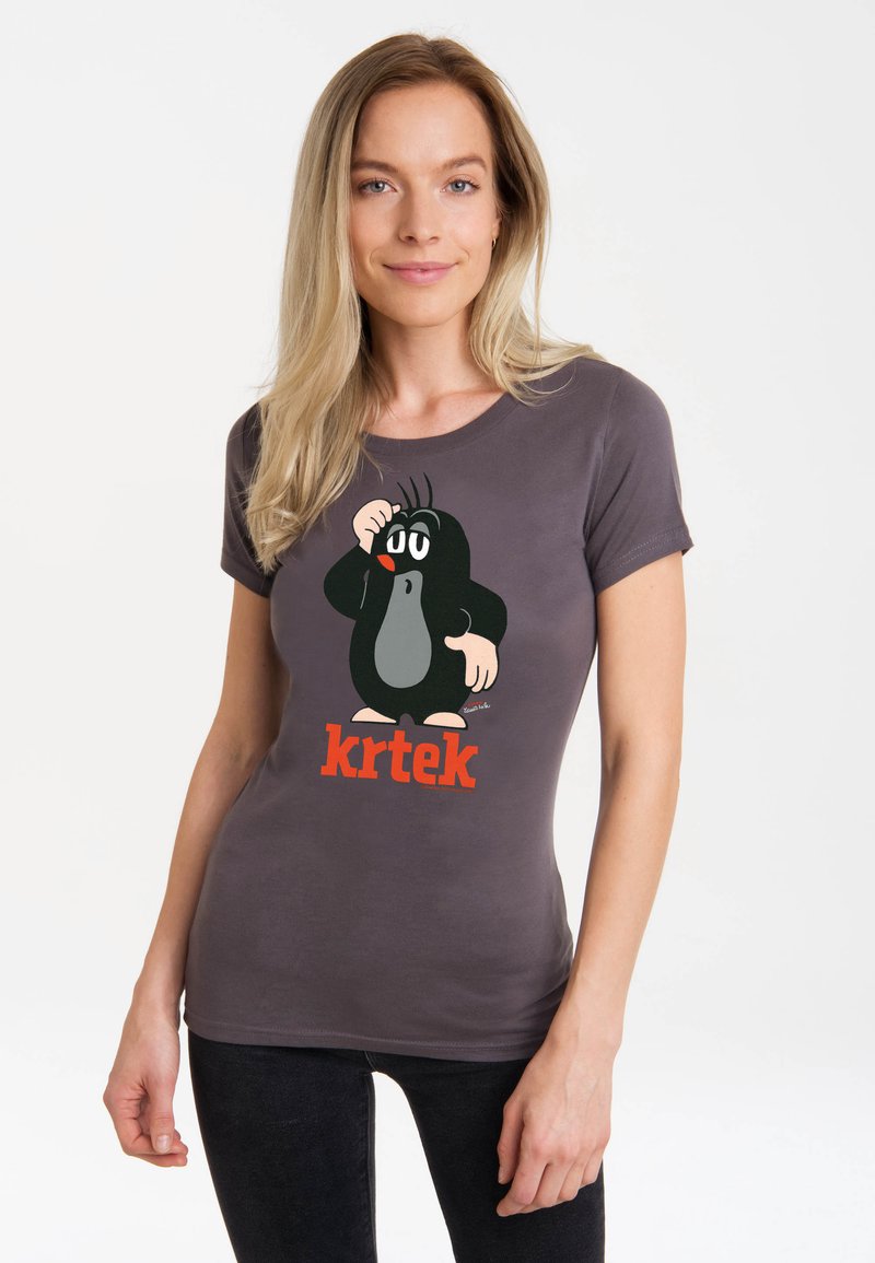 Gray fitted t-shirt featuring a printed cartoon mole character with a prominent black and gray design and "krtek" text in bold orange.