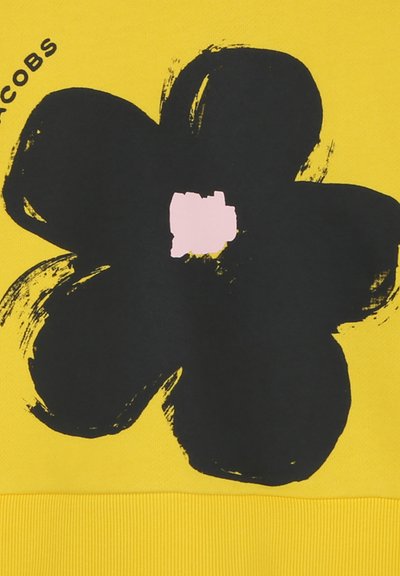 Geel sweatshirt met een grote zwarte bloem grafiek en een rozecentrum, geribbelde onderzoom en een gladde stoftextuur.