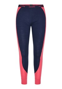 Mørkeblå og koralfarvede leggings har et tætsiddende design med en bred elastisk talje og kontrasterende sidelapper. Blødt, strækbart stof.