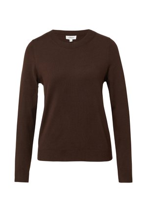 Donkerbruin lange mouwen sweater met ronde hals, voorzien van geribde manchetten en zoom, gemaakt van fijne gebreide stof.