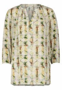 Bluse med blomsterprint, lange ærmer, V-hals og afslappet pasform. Fremstillet af let, gennemsigtig stof i bløde grønne, gule og lyserøde nuancer.