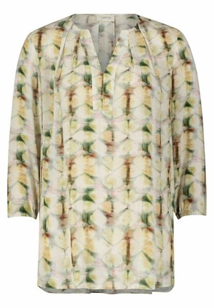 Blusa con motivo floreale, maniche lunghe, scollatura a V e vestibilità comoda. Realizzata in tessuto leggero e trasparente nelle tonalità di verde soft, giallo e rosa.