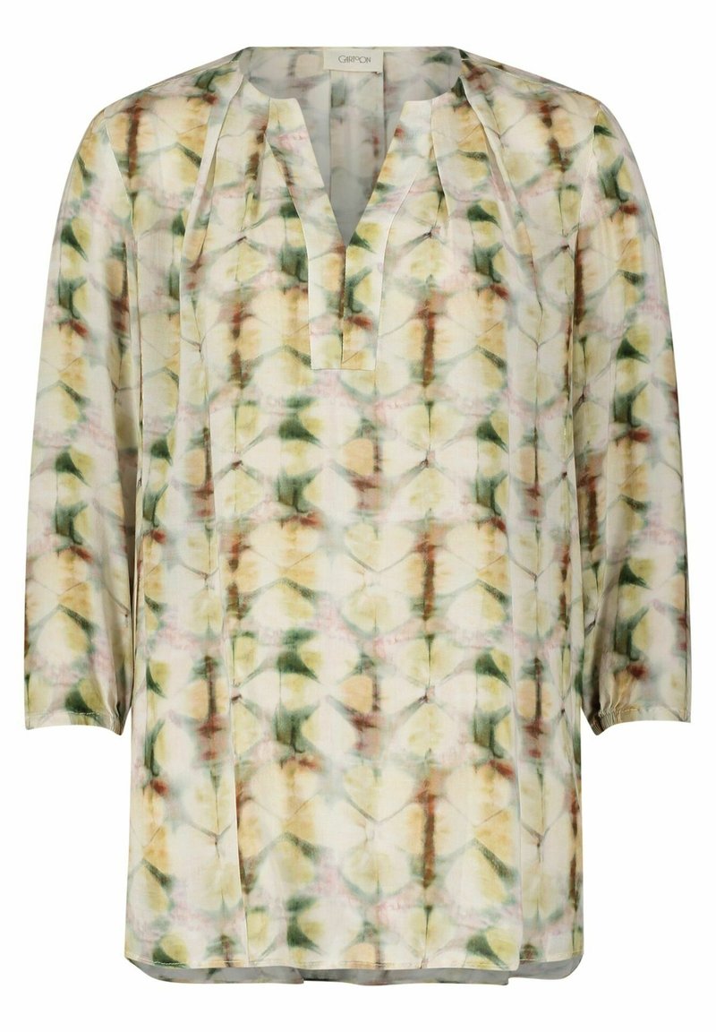 Bluse med blomsterprint, lange ærmer, V-hals og afslappet pasform. Fremstillet af let, gennemsigtig stof i bløde grønne, gule og lyserøde nuancer.