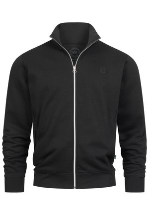 Zwarte zip-up sweatshirt met een hoge kraag, gemaakt van gladde stof. Bevat een klein logo op de borst en elastische manchetten.