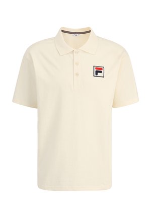 Krämfärgad polo t-shirt i bomull, med en knappslå med tre knappar och en broderad logotyp på vänster bröst. Korta ärmar.