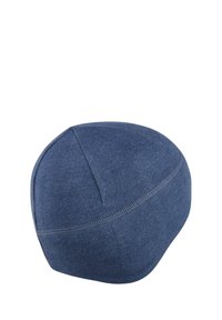 Blue knitted beanie with a rounded top, made from stretchy fabric. Features smooth texture and seams around the base and sides.