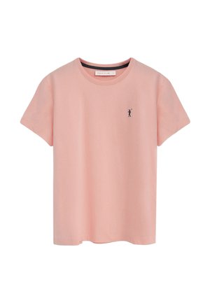 Lichtroze T-shirt met korte mouwen en ronde hals, voorzien van een klein donker polospelerlogo op de linkerborst.