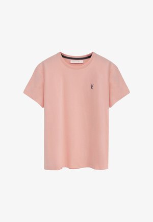 Lyserød kortærmet T-shirt med rund halsudskæring og lille mørk polo-spillerlogo på venstre bryst.