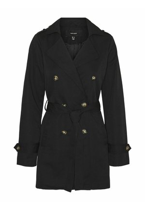 Sort trenchcoat med dobbeltbreasted design, guldfarvede knapper, bælte i taljen og skulderepauleter. Lavet af letvægtsstof.