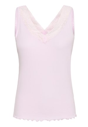 Top rosa chiaro senza maniche con scollatura a V, caratterizzato da un bordo in pizzo lungo il colletto. Tessuto morbido e rigato con orlo a zig zag.