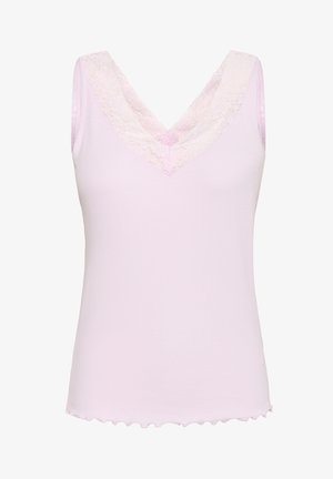 Jasnoróżowy top bez rękawów z dekoltem w serek, zdobiony koronkowym wykończeniem przy dekolcie. Miękka, prążkowana tkanina o falbaniastym wykończeniu u dołu.