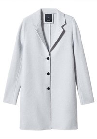 Lichtgrijze wollen jas met een gekartelde kraag, lange mouwen en een knoopsluiting aan de voorkant bestaande uit zwarte knopen. Soepele textuur en getailleerde pasvorm.