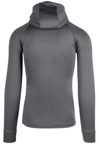 Grijze hoodie met lange mouwen met een gladde textuur, een getailleerd ontwerp en een hoge halslijn met een capuchon. De mouwen hebben ribgebreide manchetten.