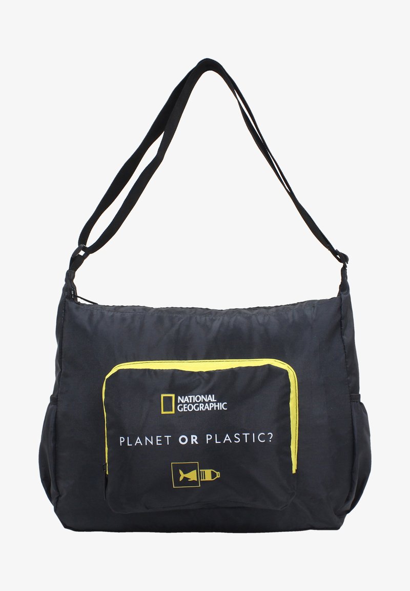 Black shoulder bag with a yellow zippered front pocket. Features "NATIONAL GEOGRAPHIC" logo and text "PLANET OR PLASTIC?" in white. Soft material.