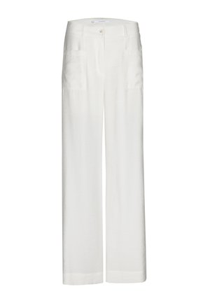 Weiße, hoch taillierte, weit geschnittene Hosen mit vorderer Knopf- und Reißverschluss sowie vorderen aufgesetzten Taschen.