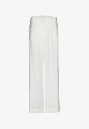 White high-waist wide-leg trousers with front button and zip closure and front patch pockets.