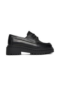 Čierne kožené topánky s zaoblenou špičkou, s hrubou, textúrovanou gumovou podrážkou a šnurovaním vpredu. Jednoduché šitie pozdĺž okrajov.