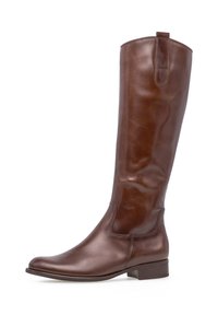 Brown leather knee-high boot with a smooth finish, rounded toe, and low heel. Features a loop at the back for easy wearing.