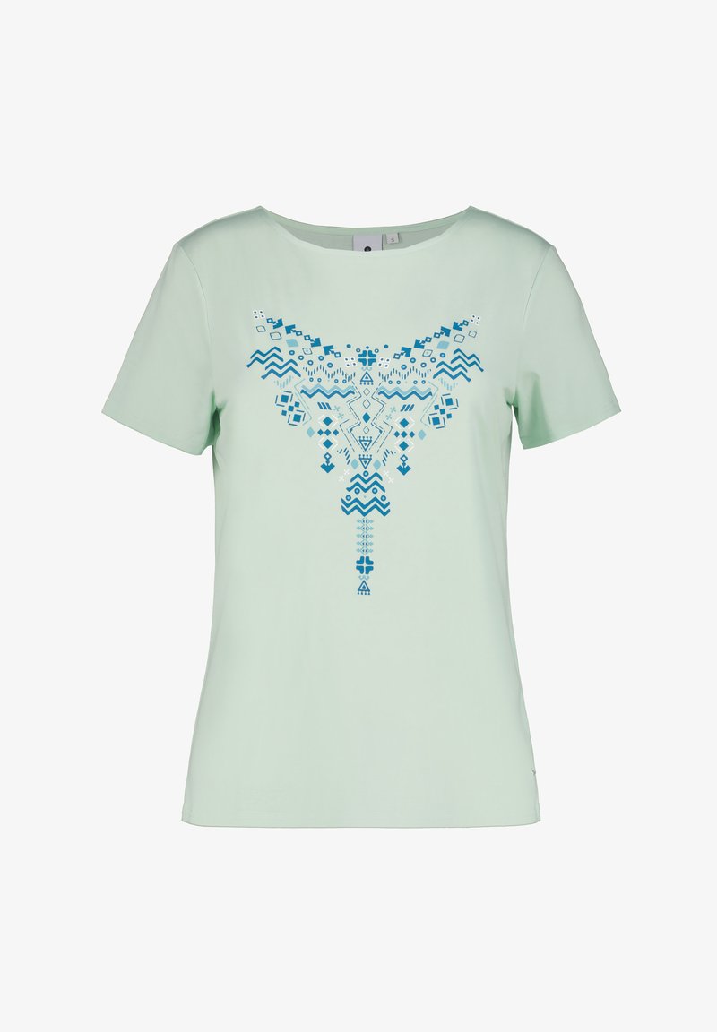 Ljusgrön kortärmad T-shirt med ett blått geometriskt mönster centrerat på framsidan, med olika former och mönster.