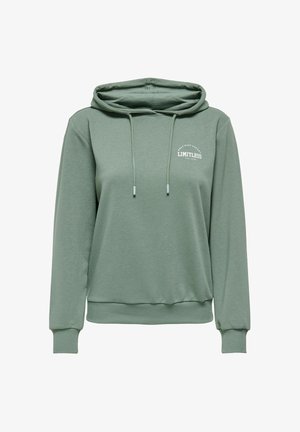 Vihreä huppari, jossa on huppu, kiristysnauhat, rinnassa kirjailtu logo "LIMITLESS", resorit hihansuissa ja helmassa, pehmeä pinta.