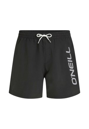 Sorte badebukser lavet af letvægtsmateriale med elastisk talje, snørejustering og en sølvfarvet logo på venstre side.