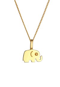 Gouden olifantenhanger ketting met een gladde, glanzende afwerking, voorzien van een gestileerd ontwerp en een schakelverbinding.