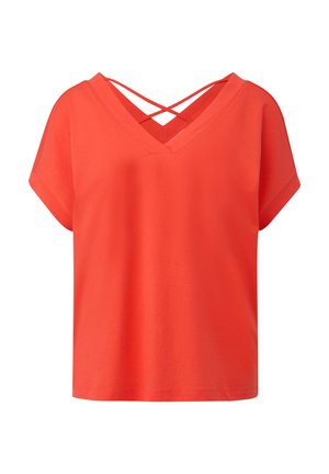 Short-sleeve, v-neck t-shirt in vibrant orange with crisscross straps at the back. Made from soft fabric with a relaxed fit.