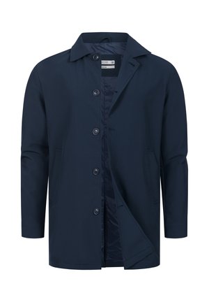 Granatowy płaszcz o długości do połowy uda z guzikami z przodu, dwoma bocznymi kieszeniami i klasycznym kołnierzem.