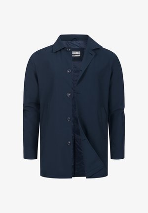 Granatowy płaszcz o długości do połowy uda z guzikami z przodu, dwoma bocznymi kieszeniami i klasycznym kołnierzem.