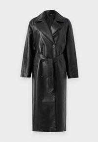 Svart skinn trenchcoat med dobbeltradet front, store rabatter, vide ermer og et avtakbart belte i midjen. Jevn tekstur.