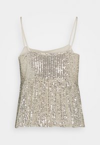 Top in raso argentato con paillettes, dotato di spalline sottili e un design fluido. Presenta un tessuto di base neutro con una texture scintillante e riflettente.
