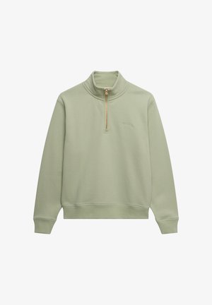 Sudadera verde con cremallera en tejido suave, con cuello alto, cremallera dorada y puños y bajo acanalados. Logo bordado en el pecho.