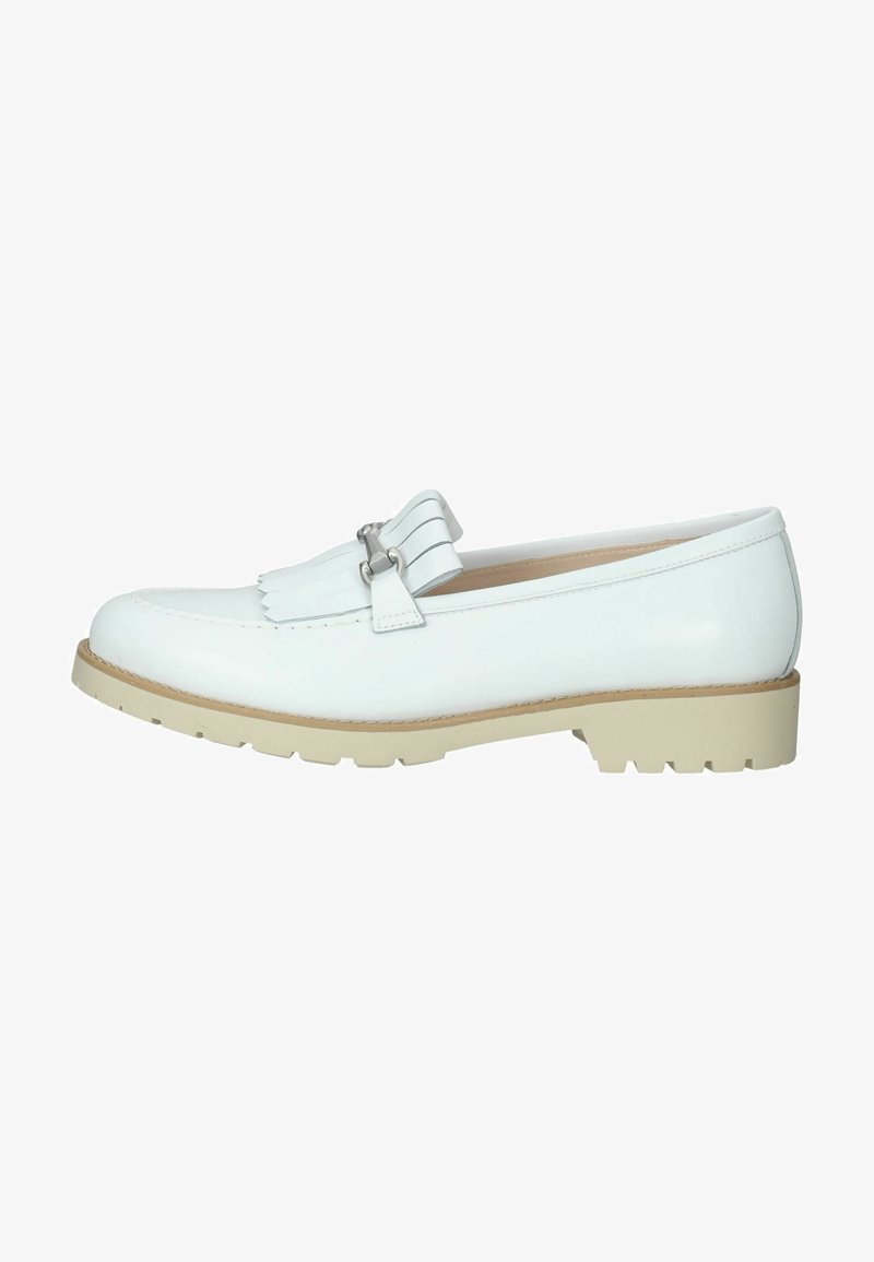 White leather loafers with fringe detail, silver hardware, and a beige rubber sole featuring a textured tread for grip.