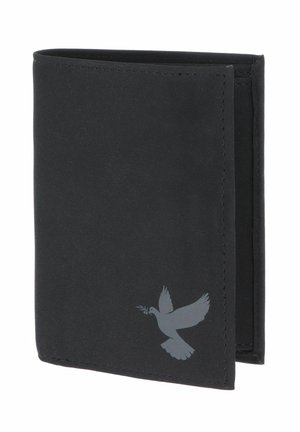 Black folded wallet with a gray dove carrying an olive branch printed on the lower right corner.