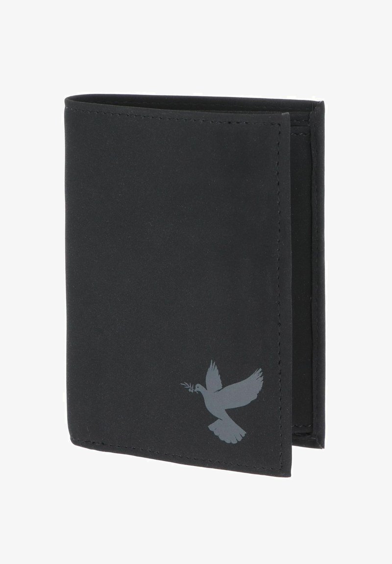 Portefeuille noir plié avec une colombe grise portant une branche d'olivier imprimée dans le coin inférieur droit.