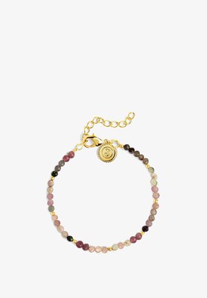 Bracciale in tono oro con perline sfaccettate multicolori in rosa, verde e viola, con accenti dorati e chiusura a gancio.